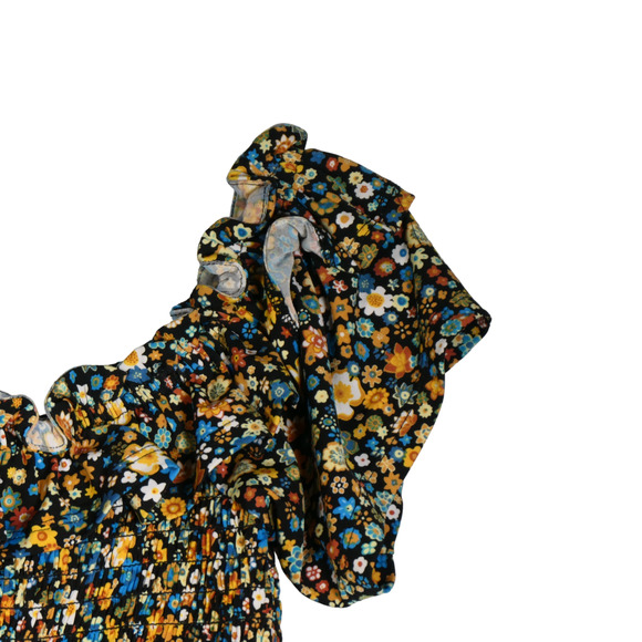 BCBGeneration Blouse Women Large Black Floral Smocked Ruffles Cropped Boho - Picture 5 of 8